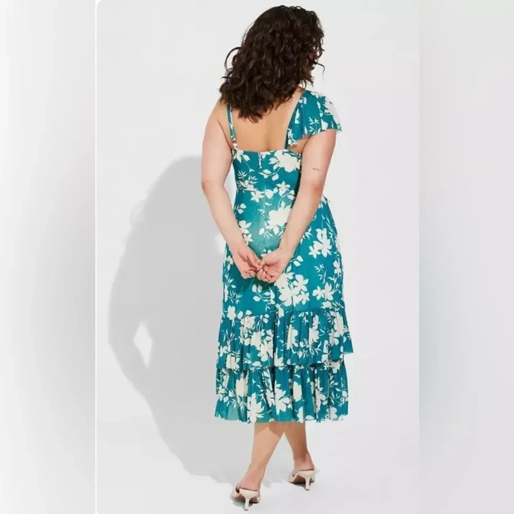 TORRID Teal White Floral Tiered Midi Mesh Ruffle Surplice Dress 12